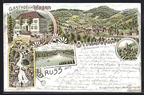 Lithographie Ottenhöfen, Gasthof zum Wagen, Mummelsee, Edelfrauen-Grab, Brigitten-Schloss