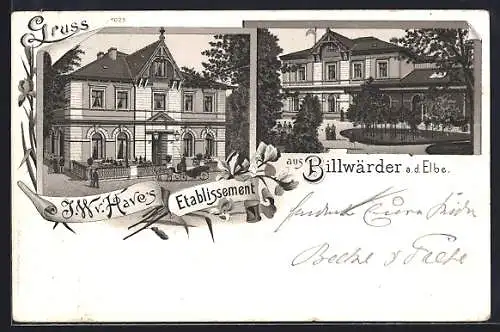 Lithographie Hamburg-Billwärder, Gasthaus Etablissement J.W. v. Haves