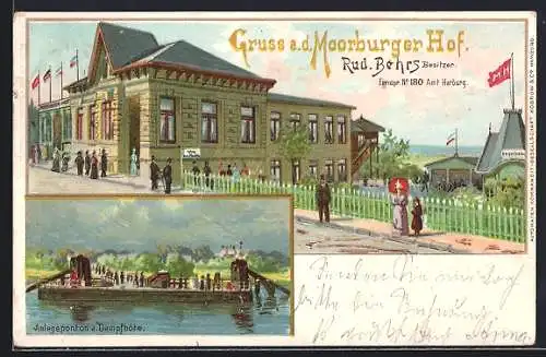 Lithographie Hamburg-Moorburg, Gasthaus Moorburger Hof, Bes. Rud. Behrs, Anlegeponton d. Dampfböte