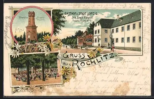 Lithographie Rochlitz, Gasthof zur Stadt Leipzig, Friedrich-August-Thurm