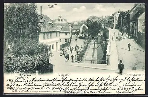 AK Meerane, Strassengabelung Wehrgasse und Friedrichstrasse