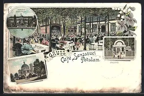 Lithographie Potsdam, Cafe Sanssouci, Mausoleum Kaiser Friedrichs