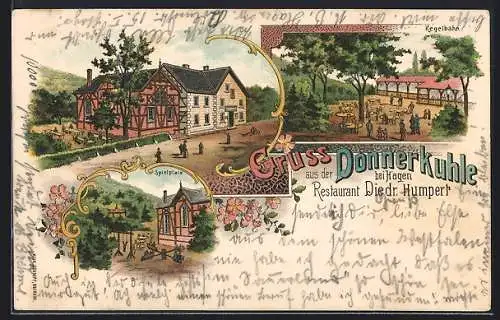 Lithographie Hagen / Westfalen, Restaurant Donnerkuhle v. Diedr. Humpert, Kegelbahn, Spielplatz