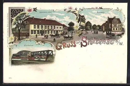 Lithographie Stolzenau a. W., Riekemanns Hotel, Marktplatz, Weserbrücke