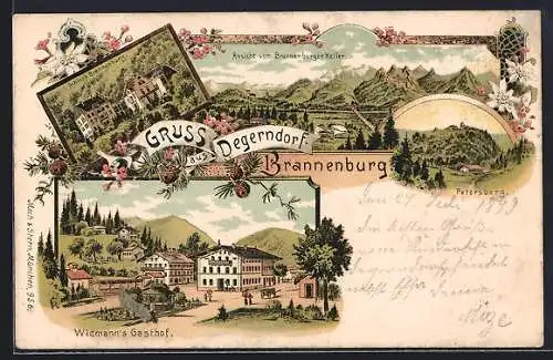 Lithographie Degerndorf / Brannenburg, Widmanns Gasthof, Schloss Brannenburg, Petersberg