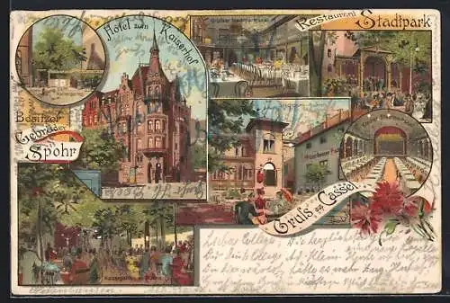 Lithographie Kassel, Hotel zum Kaiserhof, Kaisergarten mit Bühne, Restaurant Stadtpark