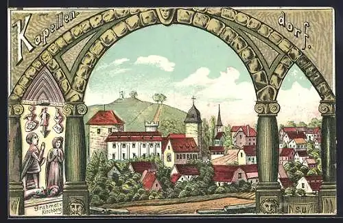 Lithographie Kapellendorf, Blick auf den Ort mit Kirche, Grabmal von Kirchberg