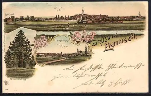 Lithographie Ertingen, Bahnhof, Wunder-Tanne, Ortsansicht