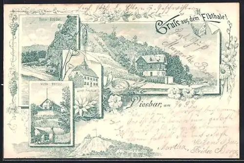 Lithographie Diesbar, Villa Herbst, Königl. Forsthaus, Böse Brüder
