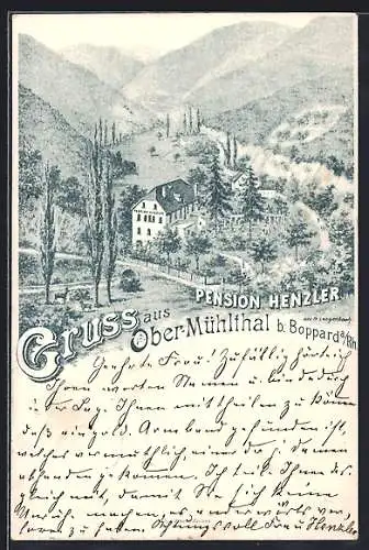 Künstler-AK Boppard / Rhein, Pension Henzler im Ober-Mühltal