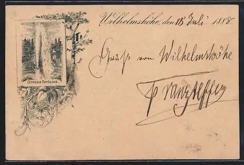 Lithographie Wilhelmshöhe, Blick auf die grosse Fontaine, datiert 1888