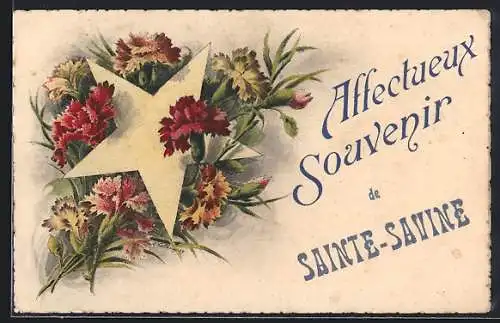 AK Sainte-Savine, Affectueux souvenir avec étoile et fleurs colorées