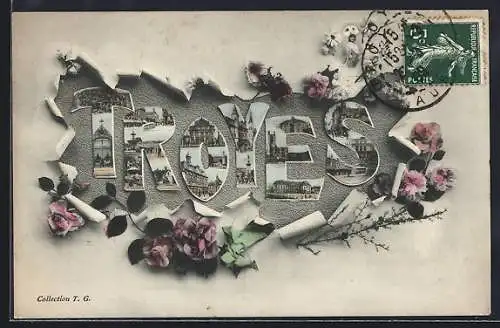 AK Troyes, Collage des monuments avec roses et timbre