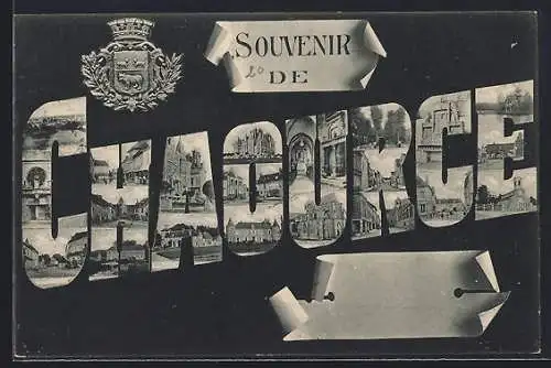 AK Chaource, Souvenir de Chaource avec blason et vues intégrées dans les lettres