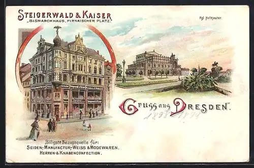 Lithographie Dresden, Steigerwald & Kaise im Bismarckhaus, Pirnaischer Platz und Kgl. Hoftheater
