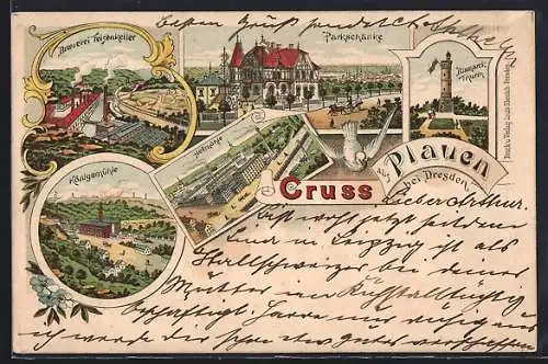 Lithographie Plauen bei Dresden, Gasthaus Parkschänke, Brauerei Felsenkeller, Hofmühle