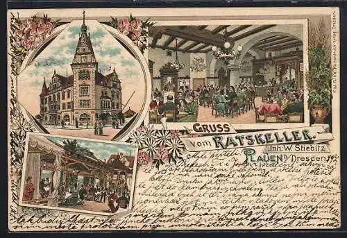 Lithographie Plauen b. Dresden, Gasthaus Ratskeller, Innenansicht, Garten