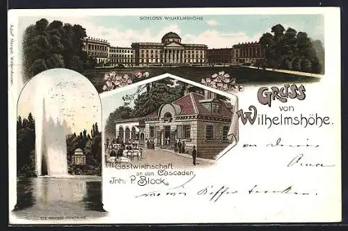 Lithographie Wilhelmshöhe /Bez. Cassel, Schloss, Gasthaus an den Cascaden P. Block, Cascaden