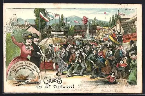 Künstler-AK Dresden, Dresdener Vogelwiese, Leierkastenmann, Schiffsschaukel