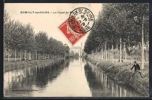 AK Romilly-sur-Seine, Le Canal du Moulin avec allée d`arbres et promeneur sur la rive