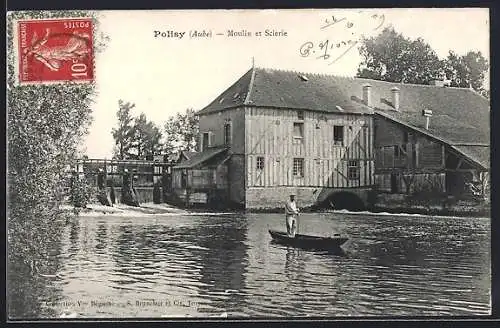 AK Polisy, Moulin et Scierie sur la rivière avec un homme en barque