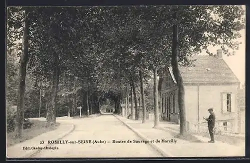 AK Romilly-sur-Seine, Routes de Sauvage et de Marcilly avec arbre et passant