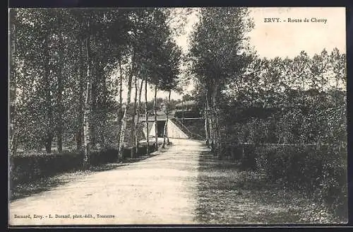 AK Ervy, Route de Chessy bordée d`arbres et pont en arrière-plan