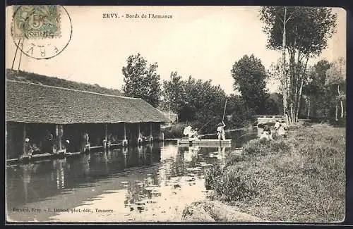 AK Ervy, Bords de l`Armance avec cabane et pêcheurs