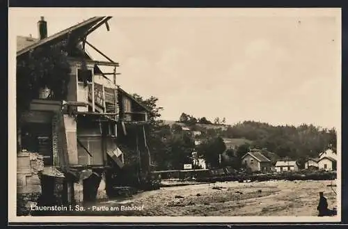 AK Lauenstein / Sachsen, Partie am Bahnhof nach der Unwetterkatastrophe 1927