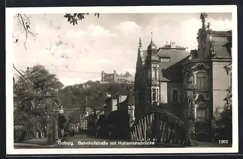 AK Coburg, Bahnhofstrasse mit Hohenlohebrücke