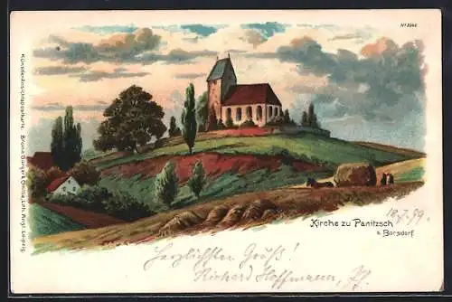Lithographie Panitzsch b. Borsdorf, Ortspartie mit Kirche