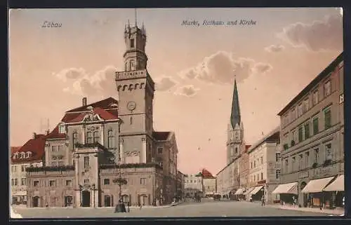 AK Löbau, Markt, Rathaus und Kirche