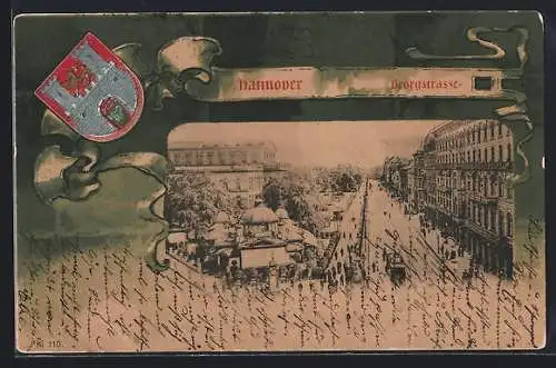 Lithographie Hannover, Georgstrasse mit Cafe Kröpcke und Strassenbahn, Wappen, Passepartout