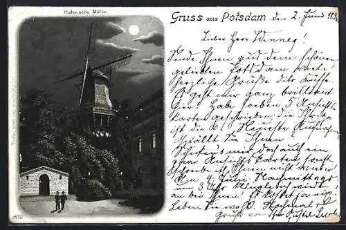Lithographie Potsdam, Historische Windmühle bei Mondschein