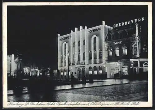 AK Hamburg-St. Pauli, Oberbayern und St. Pauli-Säle am Spielbudenplatz 11-15 bei Nacht