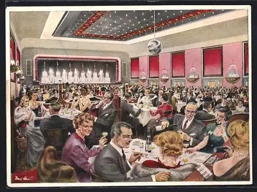 Künstler-AK Hans Leu: Berlin-Kreuzberg, Inneres des Ballhauses Resi mit feiernden Leuten, Hasenheide 32-38