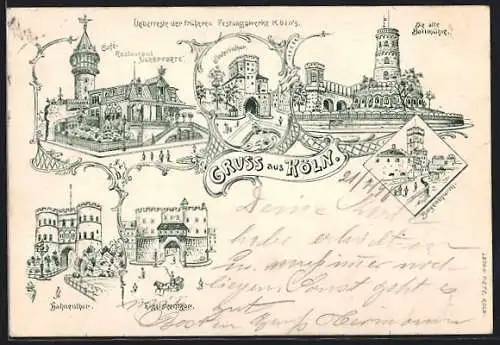 Lithographie Köln, Überreste der früheren Festungswerke Köln`s, Cafe-Restaurant Ulrepforte, Alte Bottmühle, Bayenturm