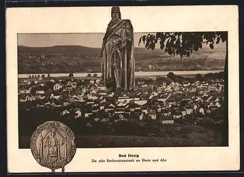 AK Bad Sinzig, am Rhein, Teilansicht mit Barbarossadenkmal, Münze