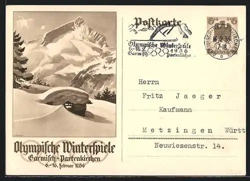 Künstler-AK Garmisch-Partenkirchen, Olympische Winterspiele 1936, Eingeschneite Berghütteg.