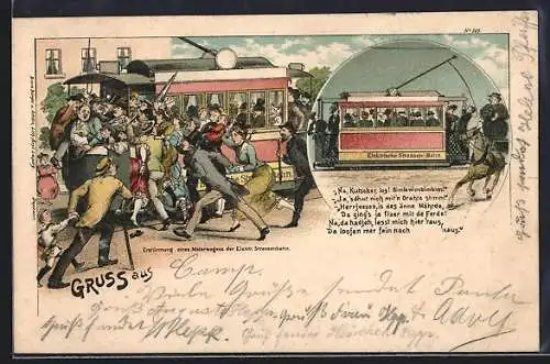 Lithographie Erstürmung eines Motorwagens der Elektr. Strassenbahn