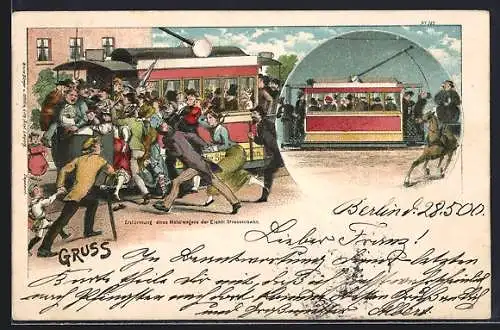 Lithographie Erstürmung eines Motorwagens der Elektr. Strassenbahn