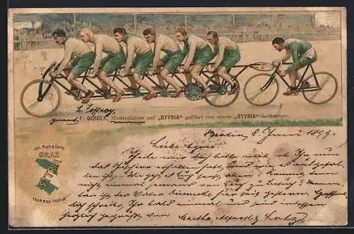 Lithographie Meisterfahrer F. Gerger auf Styria, geführt von einem Styria-Sechssitzer