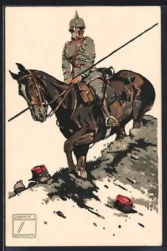 Künstler-AK Ludwig Hohlwein: Deutscher Soldat mit Pickelhaube zu Pferd
