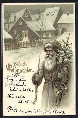 Lithographie Weihnachtsmann trägt einen Tannenbaum u. Spielzeug durchs Dorf