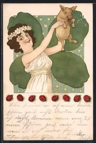Künstler-AK Maid mit Schwein, Jugendstil
