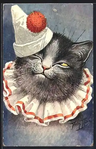 Künstler-AK Arthur Thiele: Katze im Harlekinskostüm