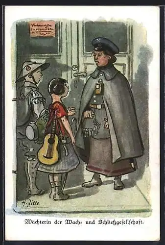 Künstler-AK Heinrich Zille: Frauen im Kriegseinsatz, Wächterin der Wach- und Schliessgesellschaft