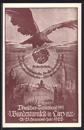 Künstler-AK Linz, 1. Bundesturnfest 1922, Adler mit Schwert u. Swastika, Rassereinheit, Geistesfreiheit, Volkseinheit