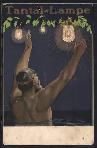 AK Reklame für Tantal-Lampe, Mann freut sich über die Beleuchtung, Jugendstil
