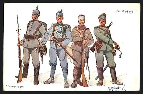 Künstler-AK Rotes Kreuz Nr. 370, sign. Fritz Schönpflug: Vierbund-Soldaten in Uniform